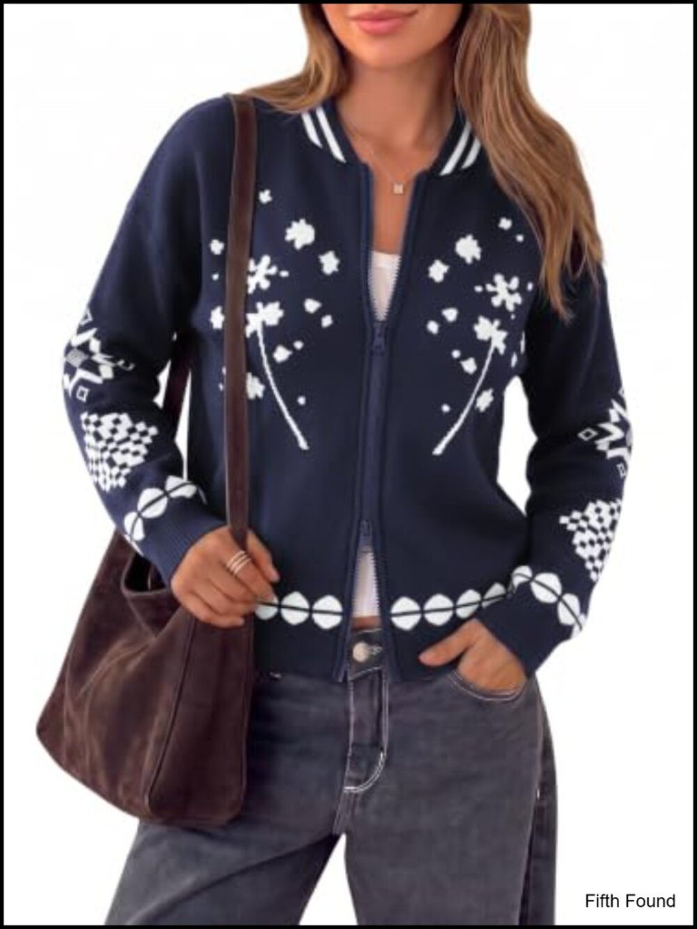Women's Zip Up Cardigan Sweater Chunky Knit Floral Crewneck